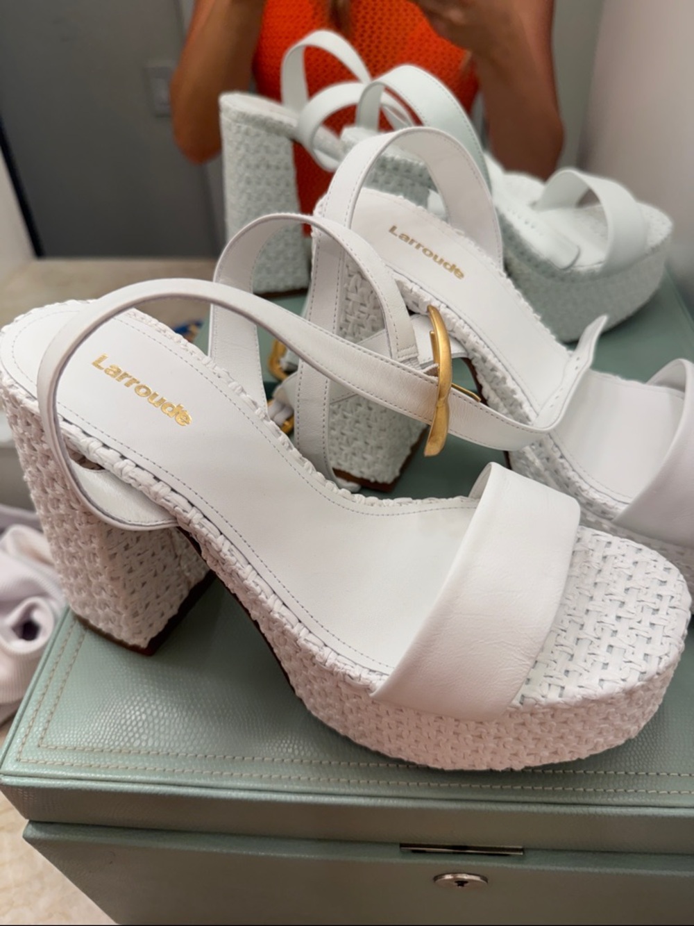 Larroude White Woven Platform Sandals with Gold Buckle Accent
